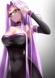 Rule 34 | 1girl, absurdres, aqui2002, bare shoulders, black dress, blush, breasts, cleavage, collar, covered navel, dress, elbow gloves, facial mark, fate/grand order, fate (series), forehead, forehead mark, glasses, gloves, highres, large breasts, long hair, looking at viewer, medusa (fate), medusa (rider) (fate), pink eyes, pink hair, purple hair, solo, strapless, strapless dress, very long hair, yellow eyes