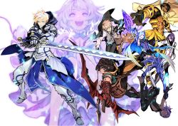 Rule 34 | 3girls, 5boys, arash (fate), armor, arthur pendragon (fate), bare pectorals, blonde hair, bow (weapon), brynhildr (fate), brynhildr romantia, cape, cleavage cutout, clothing cutout, dark-skinned female, dark-skinned male, dark skin, drawing bow, excalibur (fate/prototype), fate/prototype, fate/prototype: fragments of blue and silver, fate (series), green hair, hassan of serenity (fate), highres, holding, holding bow (weapon), holding weapon, inset, jekyll and hyde (fate), miwa shirow, multiple boys, multiple girls, ozymandias (fate), paracelsus (fate), pectorals, sajou manaka, weapon