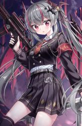Rule 34 | 1girl, assault rifle, blush, demon girl, demon horns, demon tail, demon wings, gun, hair ornament, highres, holding, holding weapon, horns, long hair, looking at viewer, medal, multicolored hair, open mouth, original, plaid, plaid skirt, red eyes, rifle, skirt, tail, thighhighs, twintails, two-tone hair, tyutaka0427, uniform, weapon, wings