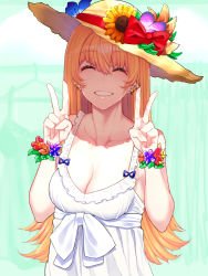 Rule 34 | 1girl, bare shoulders, blue flower, blush, breasts, cleavage, collarbone, commentary request, double v, dress, ear piercing, earrings, flower, hat, hat flower, highres, jewelry, large breasts, long hair, looking at viewer, mikan (chipstar182), original, piercing, red ribbon, ribbon, sleeveless, sleeveless dress, smile, solo, sun hat, sunflower, upper body, v, white dress