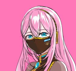 Rule 34 | 1girl, amulet, black shirt, blue eyes, commentary, coronavirus pandemic, english commentary, gold trim, headphones, highres, long hair, looking at another, mask, mayo riyo, megurine luka, mouth mask, pink background, pink hair, portrait, shirt, solo, vocaloid
