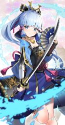 Rule 34 | 1girl, ayaka (genshin impact), black gloves, blue eyes, blue hair, blue skirt, blunt bangs, blunt tresses, chest armor, closed mouth, fingerless gloves, floating hair, genshin impact, gloves, hand fan, high ponytail, highres, holding, holding fan, holding sword, holding weapon, japanese clothes, katana, long hair, long sleeves, looking at viewer, neck tassel, ponytail, skirt, smile, snowflakes, solo, standing, standing on one leg, sword, weapon, yuujin (yuzinn333)