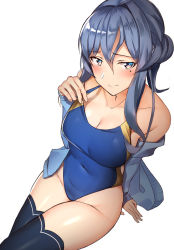 Rule 34 | 1girl, bad id, bad pixiv id, bare shoulders, black thighhighs, blue cardigan, blue hair, blue one-piece swimsuit, blush, breasts, brown eyes, cardigan, cleavage, closed mouth, collarbone, gotland (kancolle), hair between eyes, highres, kantai collection, long hair, looking at viewer, medium breasts, mole, mole under eye, navel, one-piece swimsuit, pallad, simple background, sitting, solo, swimsuit, thighhighs, thighs, white background