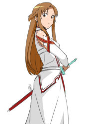 Rule 34 | 10s, 1girl, asuna (sao), brown eyes, brown hair, ganto, japanese clothes, long hair, looking at viewer, simple background, sword, sword art online, weapon, white background