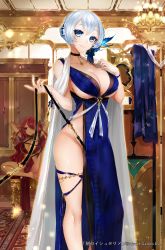 Rule 34 | 2girls, absurdres, age of ishtaria, apt, arthur (age of ishtaria), barefoot, black choker, blue eyes, bow, braid, breasts, choker, cleavage, copyright notice, hair bow, hair ornament, hair over one eye, highres, indoors, large breasts, mordred (age of ishtaria), multiple girls, no panties, official art, red eyes, red hair, rug, screen, short hair, silver hair, sitting, smile, standing