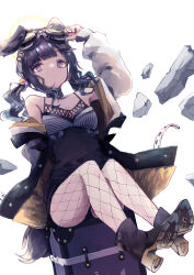 Rule 34 | 1girl, absurdres, adjusting eyewear, animal ears, black hair, blue archive, breasts, dog ears, fishnet legwear, fishnet pantyhose, fishnets, full body, goggles, goggles on head, hibiki (blue archive), highres, jacket, looking at viewer, low twintails, off shoulder, pantyhose, purple eyes, short shorts, shorts, simple background, sitting, sleeveless, small breasts, solo, tokorinowa, twintails, white background