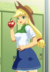 Rule 34 | 1girl, apple, applejack, blonde hair, cowboy hat, food, freckles, fruit, green eyes, hat, highres, holding, jiyuuyuu, locker, looking at viewer, my little pony, my little pony: equestria girls, my little pony: friendship is magic, open mouth, personification, ponytail, sidelocks, smile, solo