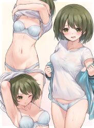 Rule 34 | 1girl, armpits, arms behind head, arms up, blush, bra, bra visible through clothes, breasts, green eyes, green hair, highres, idolmaster, idolmaster shiny colors, jacket, medium breasts, nanakusa nichika, navel, no pants, one eye closed, open clothes, open jacket, open mouth, panties, see-through clothes, see-through shirt, shirt, short hair, short sleeves, smile, solo, sweat, sweaty clothes, t-shirt, underwear, undressing, wet, wet clothes, wet shirt, white panties, yoi naosuke