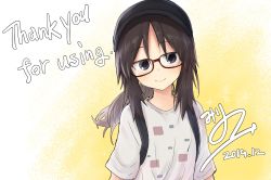 Rule 34 | asaka yanoha, backpack, bag, black eyes, black hat, brown hair, commentary request, dated, english text, glasses, gradient background, hat, highres, looking at viewer, mirino, original, ponytail, shirt, short sleeves, sidelocks, signature, thank you, upper body, vrchat, white background, white shirt, yellow background