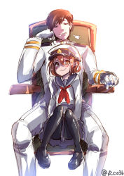 Rule 34 | &gt;:3, 10s, 1boy, 1girl, :3, admiral (kancolle), amatelas, annoyed, black pantyhose, breath, brown hair, combat s-ko, expressionless, full body, gloves, hair between eyes, head rest, highres, ikazuchi (kancolle), kantai collection, loafers, long sleeves, looking at viewer, military, military uniform, pantyhose, shoes, short hair, simple background, sitting, sitting on lap, sitting on person, smirk, throne, twitter username, uniform, v-shaped eyebrows, white gloves
