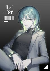 Rule 34 | 1girl, absurdres, aqua hair, barcode, black background, black sweater, blazer, blonde hair, breasts, copyright request, cowboy shot, dated, glowing, glowing eyes, glowing hair, green eyes, green hair, grey jacket, grey pants, highres, jacket, jewelry, leaning forward, long sleeves, medium hair, multicolored hair, open clothes, open jacket, pants, reclining, ring, small breasts, solo, sweater, turtleneck, watch, wristwatch, zuzu 327