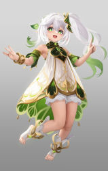 Rule 34 | 1girl, bare shoulders, blush, braid, breasts, dress, genshin impact, gradient hair, green eyes, green hair, hair ornament, highres, leaf hair ornament, long hair, looking at viewer, multicolored hair, nahida (genshin impact), open mouth, pointy ears, side braid, side ponytail, sleeveless, sleeveless dress, small breasts, smile, solo, toes, white dress, white hair, yamaneko (tkdrumsco)