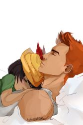 Rule 34 | 1boy, 1girl, blush, dc comics, family, father and daughter, feathers, green arrow (series), lian harper, red hair, roy harper, short hair, simple background, sleeping, white background, young justice, young justice: invasion
