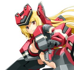 Rule 34 | 1girl, armor, blonde hair, blurry, breasts, clenched teeth, cosmic break, crimrose, depth of field, headgear, highres, large breasts, long hair, mecha musume, navel, official art, parted lips, red eyes, seraph crimrose, solo, teeth, transparent background, wakaba sprout