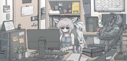 Rule 34 | 1girl, 1other, ahoge, animal ears, arknights, at computer, binder, black jacket, blue eyes, brown hair, calendar (object), chair, clipboard, commentary request, computer, crossed arms, cup ramen, desk, doctor (arknights), energy drink, fox ears, fox girl, gloves, highres, hood, hooded jacket, indoors, jacket, jokebag, leaning back, material growth, monitor, office, office chair, on chair, oripathy lesion (arknights), plant, potted plant, red bull, short hair, sleeveless, sussurro (arknights), swivel chair, typing, working