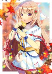 Rule 34 | autumn leaves, blurry, blurry background, blurry foreground, breasts, brown eyes, brown hair, collarbone, commentary request, commission, copyright request, depth of field, food, hair ribbon, hands up, holding, holding food, kou hiyoyo, leaf, long hair, looking at viewer, maple leaf, medium breasts, parted lips, pleated skirt, puffy short sleeves, puffy sleeves, ribbon, roasted sweet potato, sailor collar, shirt, short sleeves, sidelocks, skeb commission, skirt, sweet potato, very long hair, white ribbon, white sailor collar, white shirt, white skirt