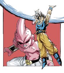 Rule 34 | 2boys, aura, black hair, black sclera, blue footwear, blue sash, blue shirt, boots, clenched teeth, colored sclera, colored skin, dragon ball, dragonball z, hands up, kid buu, majin buu, multiple boys, muscular, muscular male, n (n14542698), orange pants, pants, pink background, pink skin, powering up, puffy pants, red eyes, sash, scene reference, shirt, son goku, spiked hair, teeth, torn clothes, white pants