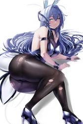 Rule 34 | 1girl, animal ears, ass, azur lane, black pantyhose, blue eyes, blue hair, blush, bodysuit, breasts, cleavage, collarbone, fake animal ears, hair intakes, high heels, highres, large breasts, leotard, long hair, looking at viewer, lying, new jersey (azur lane), new jersey (exhilarating steps!) (azur lane), official alternate costume, on side, pantyhose, playboy bunny, rabbit ears, sebakanken, see-through, see-through cleavage, sidelocks, simple background, smile, solo, torn clothes, torn pantyhose, very long hair, white background, wrist cuffs