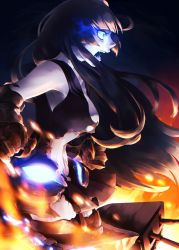 Rule 34 | 10s, 1girl, abyssal ship, ahoge, angry, black hair, blue eyes, breasts, cannon, clenched hands, constricted pupils, cowboy shot, embers, female focus, fire, flaming eyes, from side, furious, gauntlets, glowing, glowing eyes, gradient background, highres, hime cut, kantai collection, large breasts, light cruiser oni, long hair, looking away, looking to the side, lotus (miya1224), mecha musume, midriff, miniskirt, open mouth, pale skin, profile, school uniform, serafuku, shirt, skirt, sleeveless, sleeveless shirt, solo, torn clothes, torn shirt, torn skirt, turret, very long hair, wind
