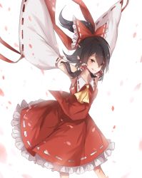 Rule 34 | 1girl, arms up, ascot, bare shoulders, black hair, blouse, bow, brown eyes, cowboy shot, detached sleeves, hair bow, hair tubes, hakurei reimu, highres, kaneblob, licking lips, md5 mismatch, nontraditional miko, resized, resolution mismatch, shirt, short hair, skirt, skirt set, solo, source larger, tongue, tongue out, touhou, wide sleeves