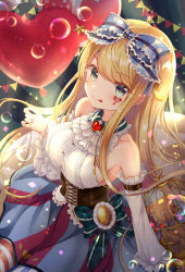 Rule 34 | 1girl, arm belt, balloon, bare shoulders, birdcage, blonde hair, blue bow, blue eyes, bow, breasts, brooch, cage, collared shirt, detached sleeves, emori el, facial mark, frilled bow, frilled shirt, frills, gold trim, gomano rio, hair bow, heart, heart balloon, highres, jewelry, liver city, long hair, long skirt, long sleeves, looking at viewer, medium breasts, shirt, skirt, smile, solo, stuffed animal, stuffed toy, teddy bear, tongue, tongue out, underbust, white shirt