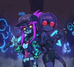 Rule 34 | 2girls, akali, bare shoulders, baseball cap, belt, black shorts, breasts, claws, commentary, detached sleeves, evelynn (league of legends), fur trim, glowing, glowing eyes, hat, holding, holding weapon, k/da (league of legends), k/da akali, k/da evelynn, kunai, league of legends, long hair, looking at viewer, mask, medium breasts, medium hair, mouth mask, multiple girls, navel, phantom ix row, pink hair, shiny skin, shorts, smile, stomach, sunglasses, symbol-only commentary, weapon, yellow eyes