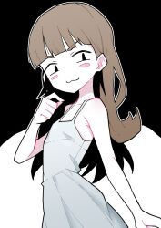 Rule 34 | 1girl, :3, akableak, anatomy of a gamer (meme), bare arms, bare shoulders, black background, blunt bangs, blush stickers, borrowed character, brown hair, child gf (orenji), closed mouth, commentary, cowboy shot, dress, english commentary, flat chest, grey dress, hand up, highres, long hair, looking at viewer, meme, original, simple background, sleeveless, sleeveless dress, smile, solo, standing, two-tone background, white background