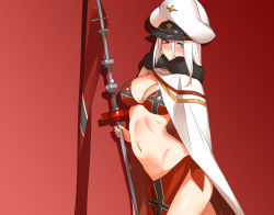 Rule 34 | 1girl, azur lane, bad id, bad pixiv id, bikini, blonde hair, blue eyes, blush, breasts, cape, cleavage, fur trim, hat, holding, holding weapon, looking at viewer, navel, open mouth, silhouette, smile, solo, swimsuit, tirpitz (azur lane), weapon, yostxxx