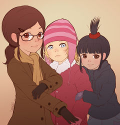 Rule 34 | 3girls, agnes (despicable me), black hair, blonde hair, blue eyes, brown eyes, brown hair, coat, despicable me, edith (despicable me), glasses, gloves, hair ornament, hairclip, hat, hood, hoodie, idfer, margo (despicable me), multiple girls, scarf, scrunchie, smile