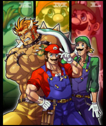 Rule 34 | 3boys, angry, bara, blue eyes, bowser, claws, hat, horns, luigi, male focus, mario, mario (series), multiple boys, muscular, nintendo, personification, red eyes, red hair, super mario bros. 1, tattoo