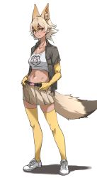 Rule 34 | 1girl, absurdres, animal ear fluff, animal ears, beige skirt, belt, breasts, collarbone, commentary, coyote (kemono friends), crop top, elbow gloves, extra ears, full body, gloves, gradient hair, hair between eyes, hands on own hips, highres, kemono friends, light brown hair, medium breasts, midriff, multicolored hair, navel, pleated skirt, shoes, short hair, short sleeves, simple background, skirt, sneakers, solo, standing, tail, tanabe (fueisei), thighhighs, white background, white footwear, white hair, wolf ears, wolf tail, yellow eyes, yellow gloves, yellow thighhighs, zettai ryouiki