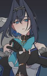 Rule 34 | blue eyes, blue hair, blush, bow, bow earrings, detached sleeves, earrings, eus ing, fingerless gloves, gloves, hair intakes, hair ornament, hololive, hololive english, jewelry, looking at viewer, nanashi mumei, ouro kronii, ouro kronii (1st costume), short hair, tears, virtual youtuber
