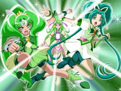 Rule 34 | 00s, 10s, 3girls, akimoto komachi, arm warmers, bike shorts, boots, butterfly hair ornament, choker, color connection, cure empress, cure march, cure mint, derivative work, detached sleeves, dokidoki! precure, dress, earrings, eyelashes, fingerless gloves, gloves, green dress, green eyes, green hair, green legwear, green shorts, green skirt, green theme, hair ornament, hair tubes, hairband, high heels, jewelry, long hair, midorikawa nao, moritakusan, multiple girls, pink eyes, ponytail, precure, puffy sleeves, ribbon, shorts, shorts under dress, shorts under skirt, skirt, smile precure!, tiara, tri tails, very long hair, wrist cuffs, yes! precure 5, yes! precure 5 gogo!