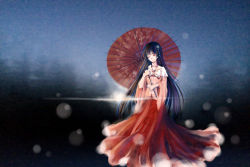 Rule 34 | black hair, bow, chromatic aberration, closed eyes, earrings, flower, forest, gradient background, hair flower, hair ornament, highres, hime cut, holding, holding umbrella, houraisan kaguya, japanese clothes, jewelry, kkkkkei, light particles, light trail, long hair, long skirt, nature, night, oil-paper umbrella, red skirt, skirt, solo, touhou, umbrella, very long hair, wide sleeves