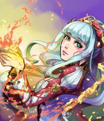 Rule 34 | 10s, 1girl, blue eyes, blush, breasts, crown, dress, fire, lailah (tales), lips, long hair, multicolored hair, ponytail, silver hair, tales of (series), tales of zestiria