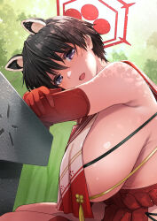 Rule 34 | 1girl, animal ears, bare shoulders, black eyes, black hair, blue archive, blush, breast curtain, breasts, elbow gloves, gloves, halo, highres, huge breasts, inue shinsuke, looking at viewer, miniskirt, open mouth, raccoon ears, red gloves, red sailor collar, red skirt, rope belt, sailor collar, short hair, sideboob, sideless outfit, sitting, skirt, smile, tabard, thighs, tsubaki (blue archive)
