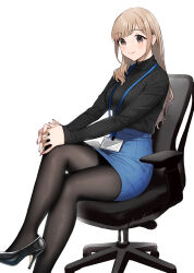 Rule 34 | 1girl, akaori umeka, black footwear, black pantyhose, black sweater, blonde hair, blue skirt, blush, breasts, brown eyes, chair, closed mouth, commentary request, doushimasho, earrings, fingernails, foot out of frame, high-waist skirt, high heels, highres, id card, interlocked fingers, jewelry, lanyard, long fingernails, long hair, long sleeves, looking at viewer, medium breasts, mole, mole under eye, nail polish, office chair, office lady, on chair, original, own hands together, pantyhose, pencil skirt, pink nails, pumps, ribbed sweater, shoes, simple background, sitting, skirt, smile, solo, stiletto heels, sweater, sweater tucked in, swept bangs, swivel chair, turtleneck, turtleneck sweater, white background