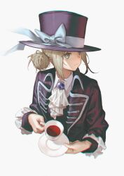 Rule 34 | 1girl, absurdres, aqua bow, aqua eyes, ascot, boater hat, bow, closed mouth, collared shirt, cropped torso, cup, from above, fuurin sou, grey hair, hair bun, hat, hat bow, highres, holding, holding cup, holding plate, jacket, long sleeves, looking to the side, plate, purple hat, purple jacket, reverse:1999, shirt, single side bun, solo, teacup, upper body, vertin (reverse:1999), white ascot, white background, white shirt