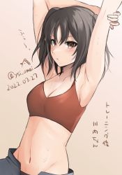 Rule 34 | 1girl, arms up, black hair, black panties, blush, bra, breasts, brown background, brown eyes, cleavage, closed mouth, commentary request, dated, highres, kantai collection, looking at viewer, medium breasts, panties, red bra, sendai (kancolle), simple background, solo, sports bra, sweat, toriniku senshi chikinman, translation request, twitter username, two side up, underwear, upper body