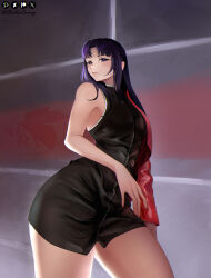 Rule 34 | 1girl, absurdres, bare legs, belkaderry, black dress, breasts, cross, cross necklace, curvy, dress, highres, jewelry, katsuragi misato, logo, long hair, looking at viewer, necklace, neon genesis evangelion, nerv, shiny skin, simple background, smile, solo, standing, wide hips