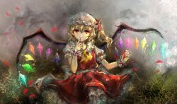 Rule 34 | 1girl, ascot, bad id, bad pixiv id, blonde hair, crystal, finger to mouth, flandre scarlet, hat, long hair, nosaki, petals, red eyes, side ponytail, skirt, skirt set, smile, solo, touhou, wings, wrist cuffs