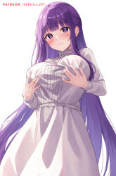Rule 34 | 1girl, blush, breasts, commentary request, cowboy shot, dress, fern (sousou no frieren), grabbing own breast, large breasts, long hair, long sleeves, looking at viewer, purple eyes, purple hair, sebu illust, simple background, solo, sousou no frieren, standing, very long hair, white background, white dress