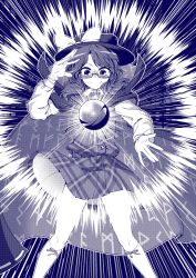 Rule 34 | 0-den, 1girl, absurdres, bow, cape, clothes writing, crystal ball, glasses, greyscale, hat, hat bow, highres, long sleeves, looking at viewer, low twintails, monochrome, plaid, plaid shirt, plaid skirt, shirt, short hair, skirt, skirt set, smile, socks, solo, touhou, twintails, usami sumireko