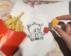 Rule 34 | 1girl, arms up, bow, collared shirt, commentary, food, french fries, fujiwara no mokou, hair bow, happy, highres, jokanhiyou, long hair, looking to the side, mcdonald&#039;s, napkin, no nose, open mouth, photo (medium), puffy short sleeves, puffy sleeves, shirt, short sleeves, sketch, solo, suspenders, symbol-only commentary, touhou, traditional media, unconventional media