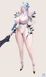 Rule 34 | absurdres, armor, artist logo, bikini, black gloves, blue eyes, breastless leotard, breasts, bridal gauntlets, clothing cutout, curvy, earrings, gloves, hair ornament, hair ribbon, hand on own hip, high heels, highres, horn ornament, horns, jewelry, large breasts, leotard, long hair, looking at viewer, mole on body, nail polish, navel, navel cutout, original, partially visible vulva, ribbon, sahwa, shiny skin, shoulder armor, swimsuit, sword, thick thighs, thighs, weapon, white bikini, white hair