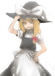 Rule 34 | 1girl, ameiro, blonde hair, braid, dress, female focus, hand on headwear, hat, kirisame marisa, side braid, solo, touhou, white background, witch, witch hat, yellow eyes