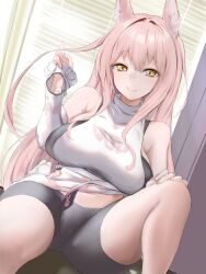 Rule 34 | 1girl, animal collar, animal ear fluff, animal ears, bare shoulders, bike shorts, blush, breasts, collar, detached sleeves, goddess of victory: nikke, hair between eyes, hair intakes, hand on own knee, highres, large breasts, leona (nikke), long hair, looking at viewer, navel, open mouth, pink hair, shirt, shuubetsukouta, sidelocks, sitting, smile, stomach, white shirt, yellow eyes, zipper