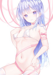 Rule 34 | absurdres, azur lane, bottomless, bound, breasts, choker, christmas, closed mouth, commentary, convenient ribbon, head tilt, highres, long hair, looking at viewer, micro bra, navel, pink ribbon, purple eyes, purple hair, ribbon, ribbon bondage, ribbon choker, sidelocks, small breasts, stomach, thighhighs, underwear, unicorn (azur lane), very long hair, white thighhighs, zuu (qq770463651)