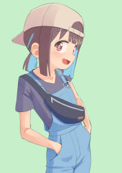 Rule 34 | 1girl, :d, backwards hat, bare arms, baseball cap, black shirt, blue hair, blue overalls, blunt bangs, blunt ends, brown eyes, brown hair, collarbone, colored inner hair, commentary request, cowboy shot, easy (aqk7bdqt), fanny pack, green background, hands in pockets, hat, hozuki momiji, looking at viewer, multicolored hair, onii-chan wa oshimai!, open mouth, overalls, shirt, short hair, short ponytail, short sleeves, simple background, smile, solo, t-shirt, two-tone hair