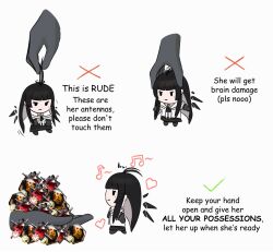 Rule 34 | 1girl, arknights, black hair, checkmark, chibi, commentary, detached wings, disembodied hand, energy wings, english commentary, english text, heart, how to hold x (meme), kazoo 00, lifting person, long hair, meme, mini person, minigirl, mole, mole under eye, multiple views, musical note, orundum (arknights), simple background, very long hair, virtuosa (arknights), white background, wings, x